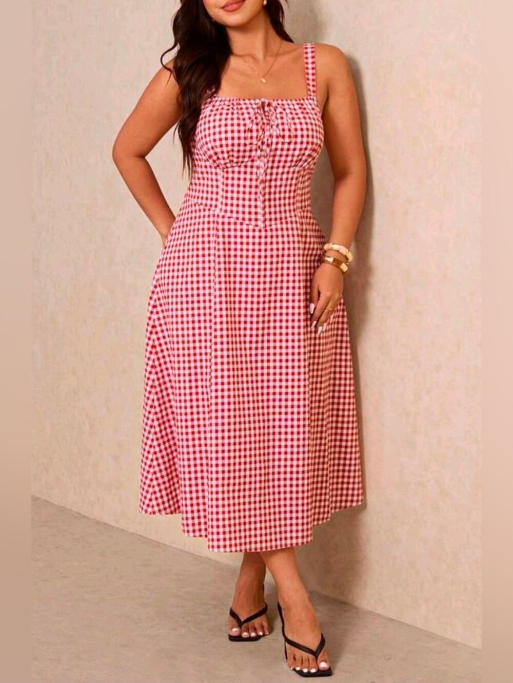 New Gingham Lace Up Back A Line Midi Dress PLUS Red White - Picture 7 of 11